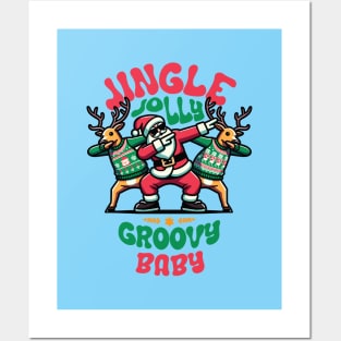 Baby - Holly Jingle Jolly Groovy Santa and Reindeers in Ugly Sweater Dabbing Dancing. Personalized Christmas Posters and Art